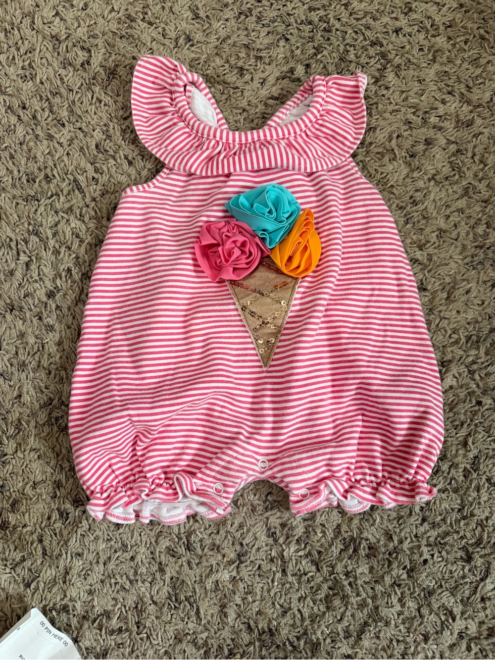 Mud Pie Pink and White Striped Bubble Romper with Floral Ice Cream Appliqué